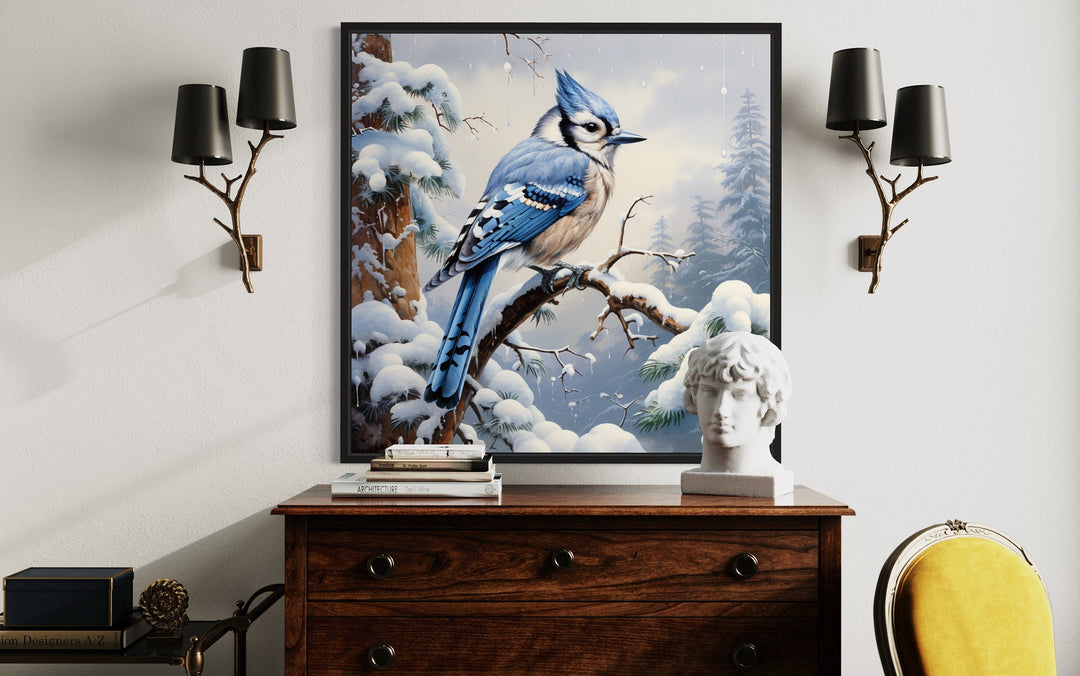 Blue Jay In Snow Winter Framed Canvas Wall Art