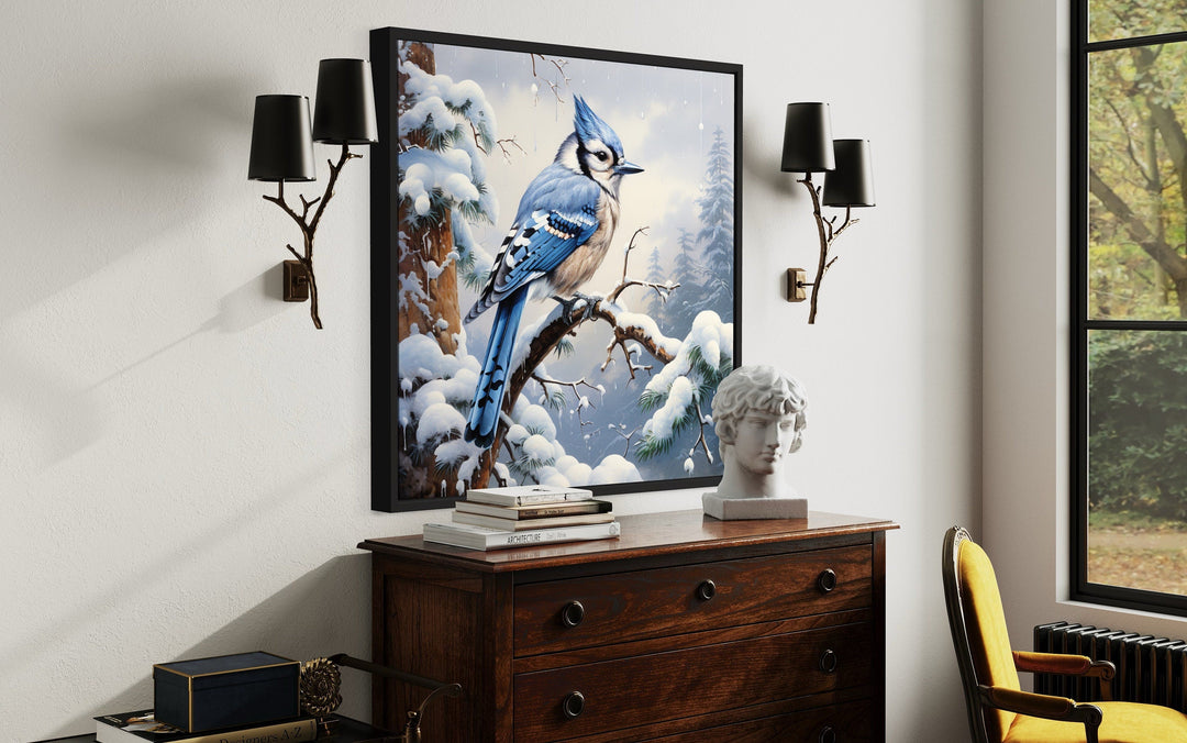 Blue Jay In Snow Winter Framed Canvas Wall Art