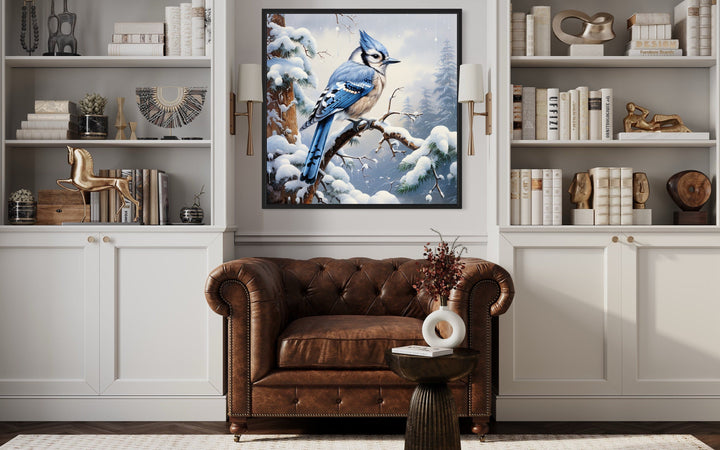 Blue Jay In Snow Winter Framed Canvas Wall Art