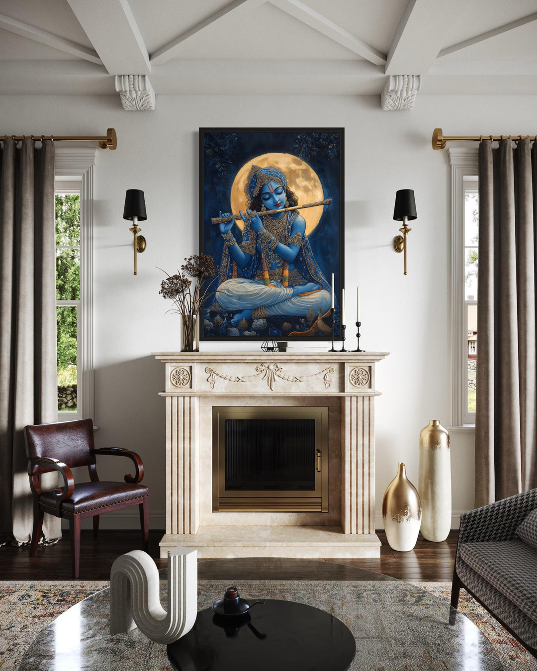 Blue Krishna playing flute under a full moon framed canvas wall art above a fireplace.