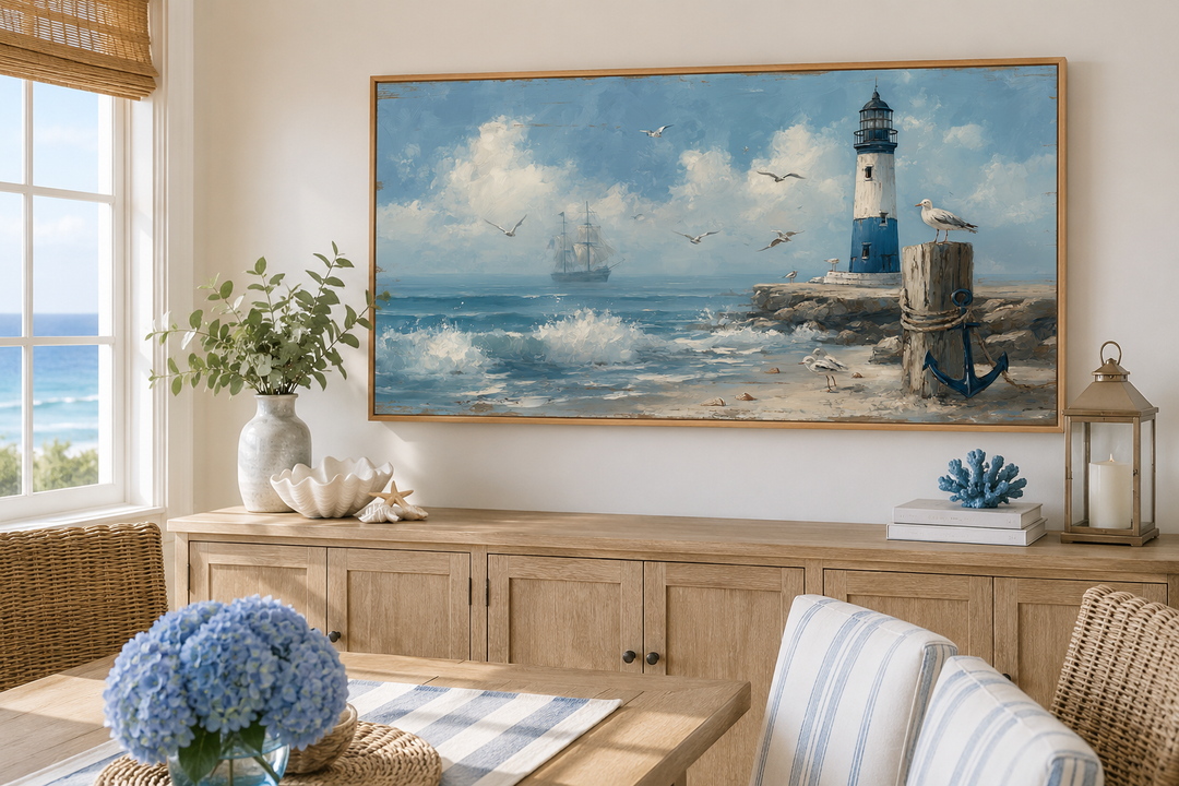 Blue lighthouse seascape coastal wall art in a wooden frame above a sideboard in a beach house.