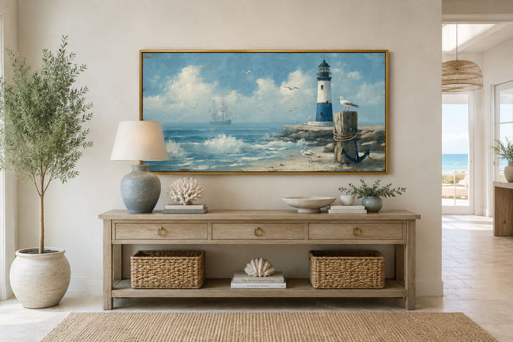 Blue lighthouse seascape canvas wall art in a gold frame above a wooden console table.
