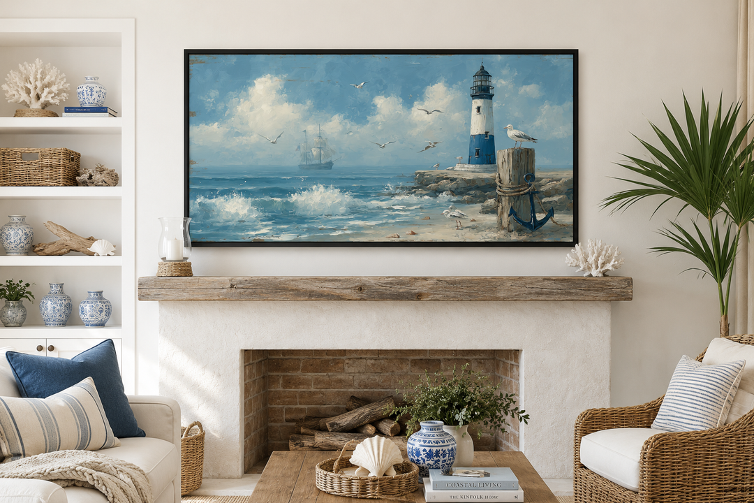Blue lighthouse seascape canvas wall art displayed above a rustic fireplace in a coastal room.