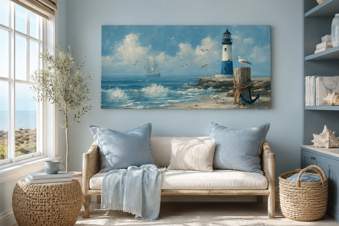 Blue lighthouse seascape canvas wall art hanging above a sofa in a coastal-style living room.