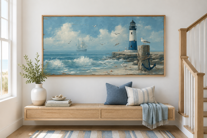 Blue Lighthouse Seascape Coastal Wall Art in a wooden frame above a wooden bench with pillows.