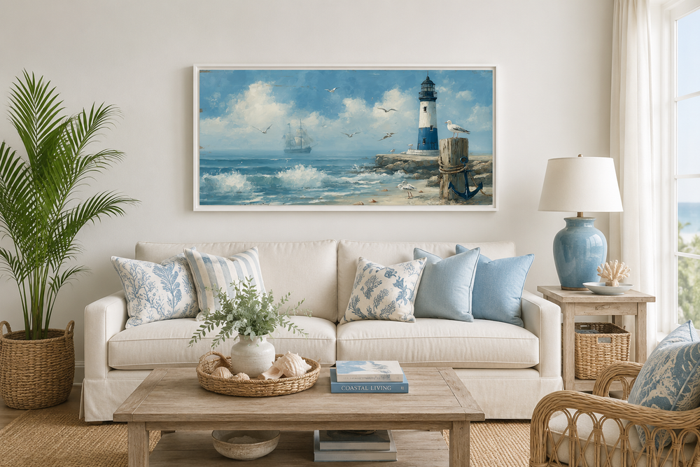 Blue lighthouse seascape coastal wall art hanging above a white sofa in a nautical living room.