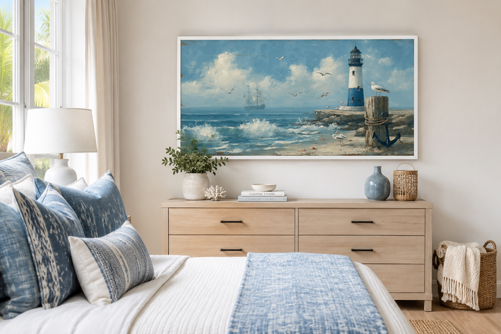 Blue lighthouse seascape canvas wall art above a wooden dresser in a coastal bedroom.