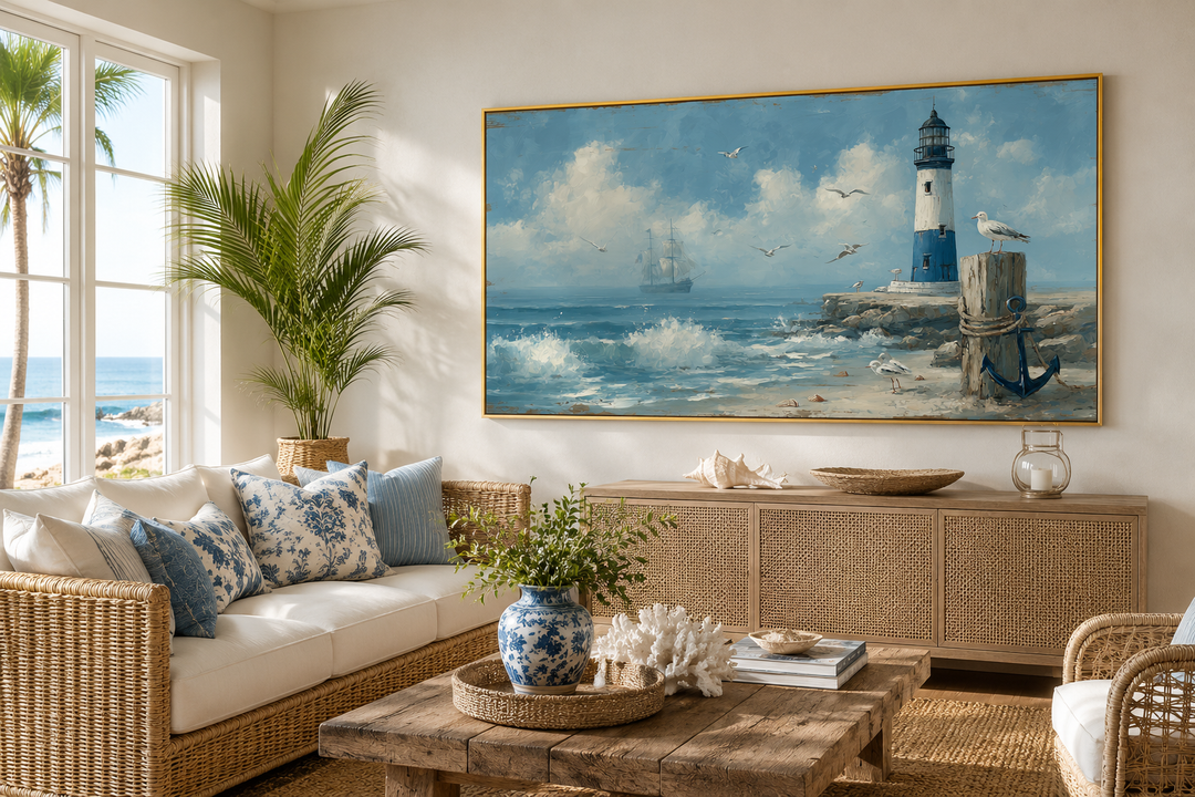 Large framed blue lighthouse seascape wall art above a console in a coastal living room.