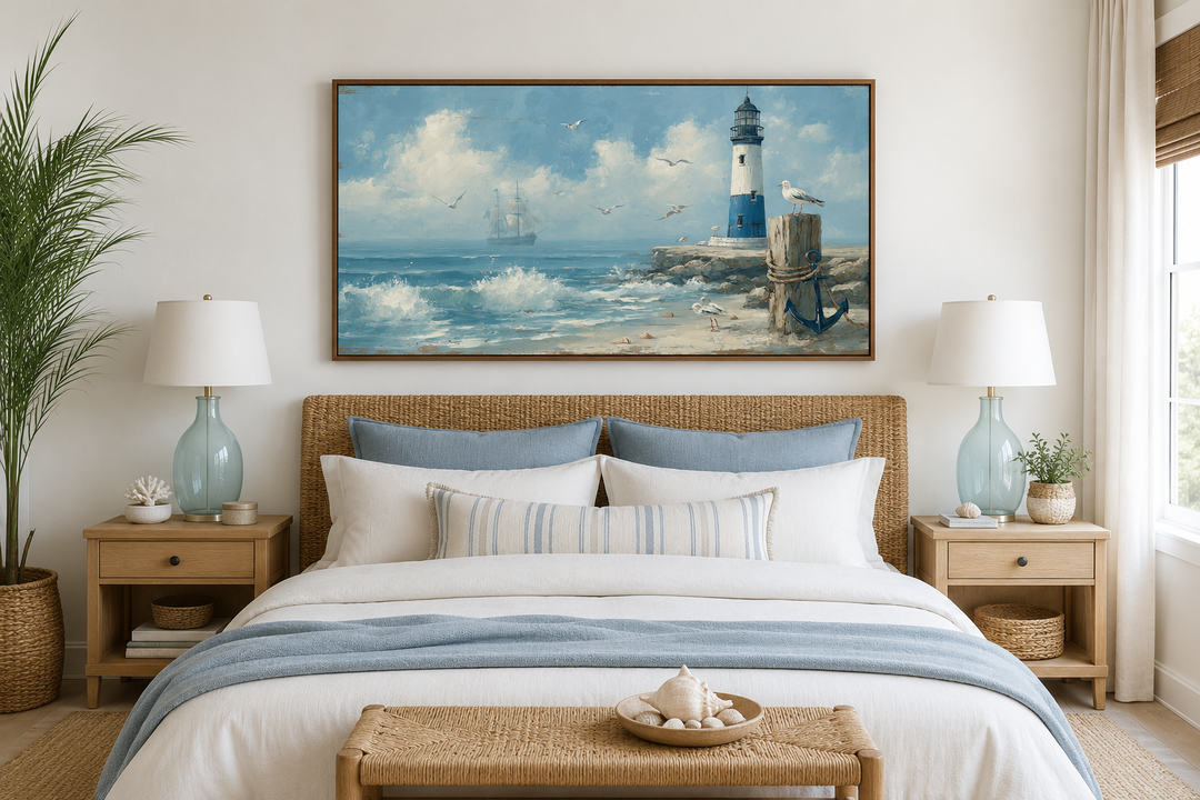 Blue lighthouse seascape coastal wall art hanging above a bed in a nautical-themed bedroom.