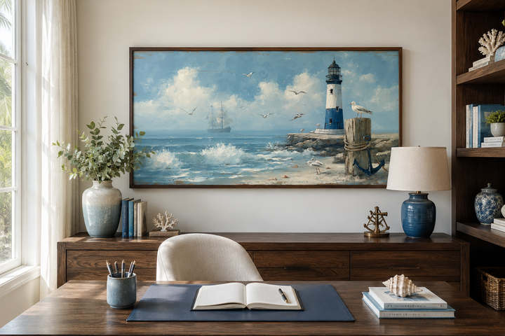 Blue lighthouse seascape coastal wall art in a dark wood frame above a home office desk.