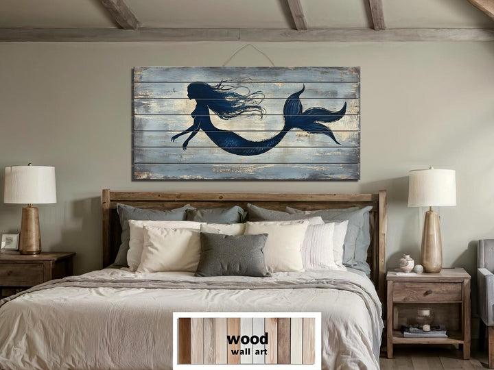 Blue Mermaid Silhouette Distressed Wood Wall Art