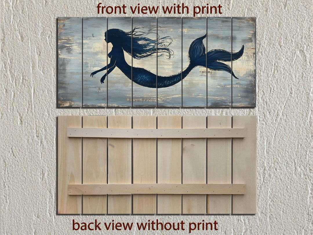 Blue Mermaid Silhouette Distressed Wood Wall Art
