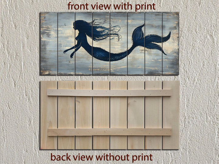 Blue Mermaid Silhouette Distressed Wood Wall Art