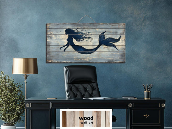 Blue Mermaid Silhouette Distressed Wood Wall Art