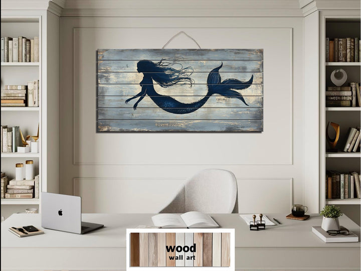 Blue Mermaid Silhouette Distressed Wood Wall Art