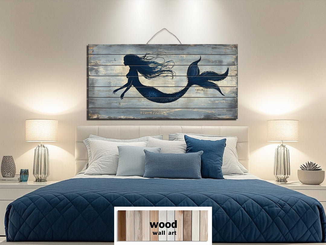 Blue Mermaid Silhouette Distressed Wood Wall Art