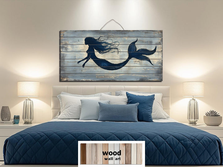 Blue Mermaid Silhouette Distressed Wood Wall Art