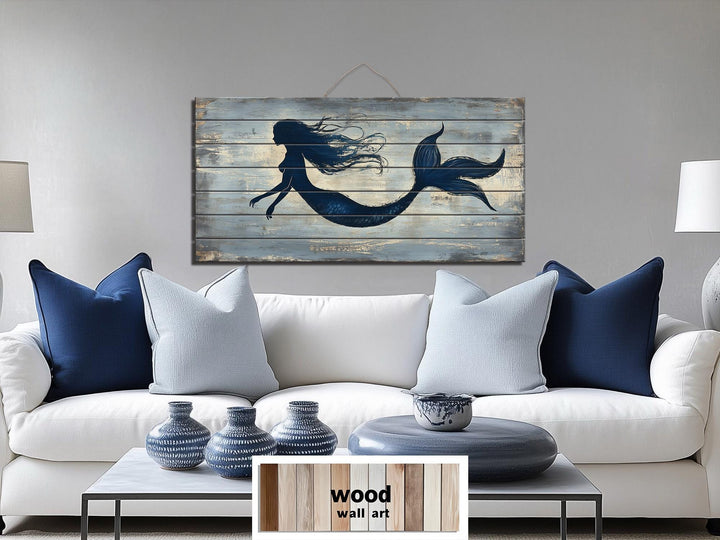 Blue Mermaid Silhouette Distressed Wood Wall Art