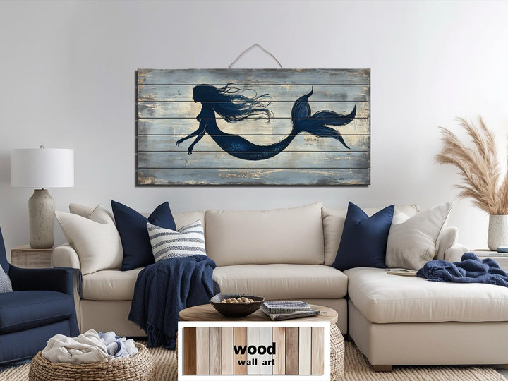 Blue Mermaid Silhouette Distressed Wood Wall Art