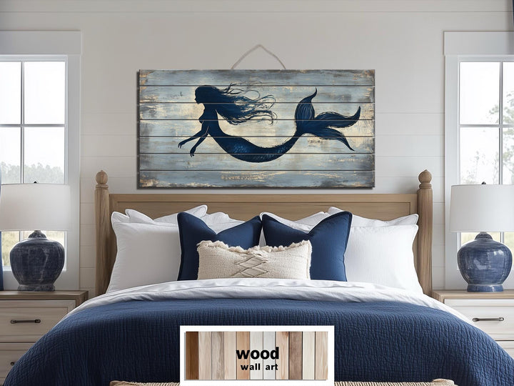 Blue Mermaid Silhouette Distressed Wood Wall Art