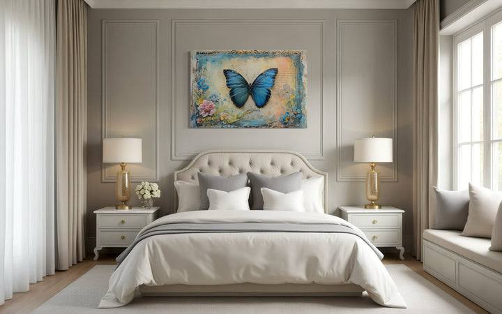 Blue Monarch Butterfly Vintage Framed Canvas Wall Art