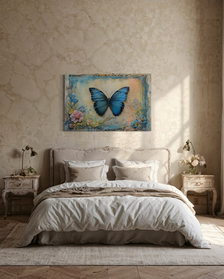 Blue Monarch Butterfly Vintage Framed Canvas Wall Art
