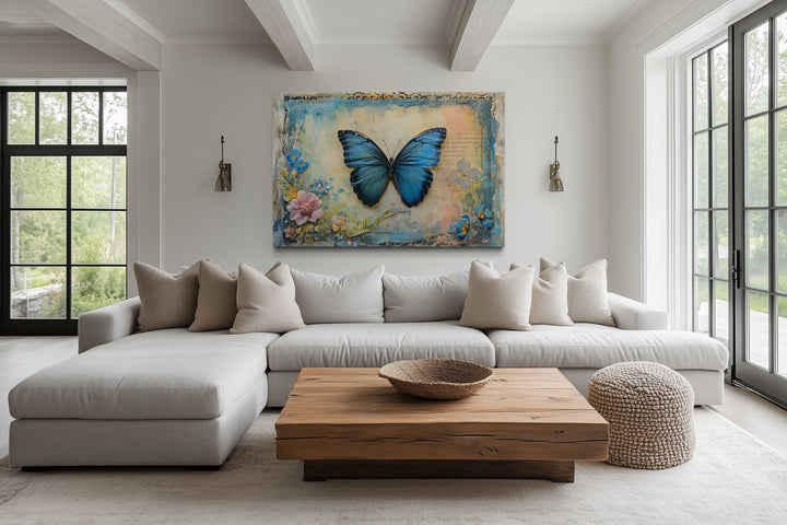 Blue Monarch Butterfly Vintage Framed Canvas Wall Art