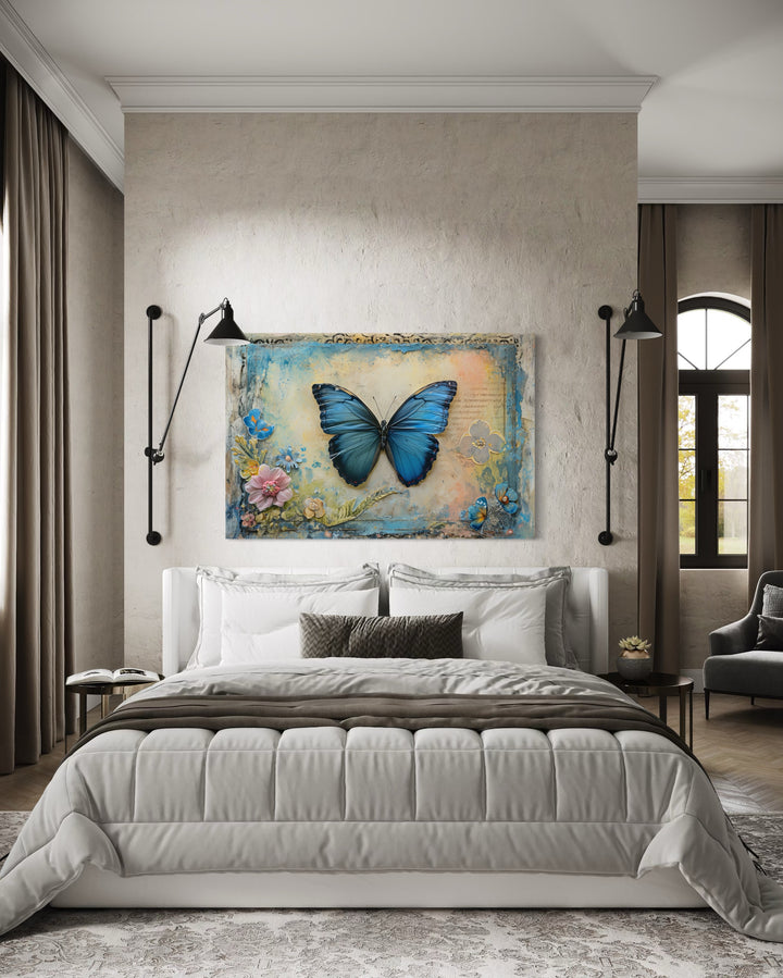 Blue Monarch Butterfly Vintage Framed Canvas Wall Art