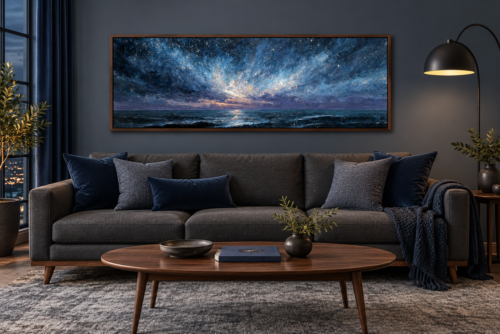 Panoramic blue navy and purple moody seascape painting in a walnut frame above a dark grey sofa.