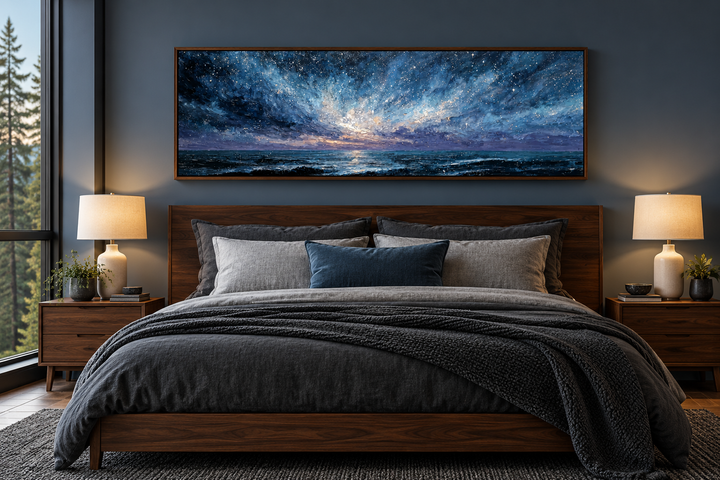 Panoramic blue and purple seascape painting above a wooden bed in a modern, moody bedroom.