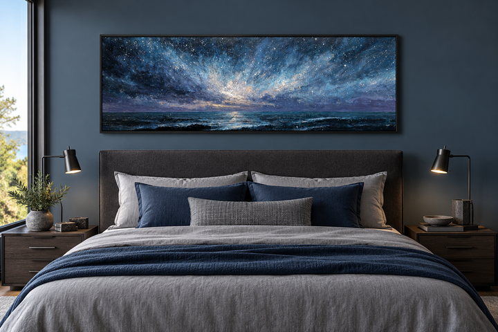 Panoramic navy and purple seascape painting hanging above a bed in a modern, moody bedroom.