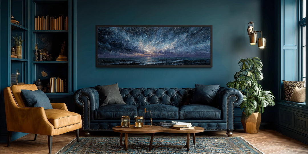 Panoramic moody seascape canvas print featuring a starry night sky over a dark ocean.