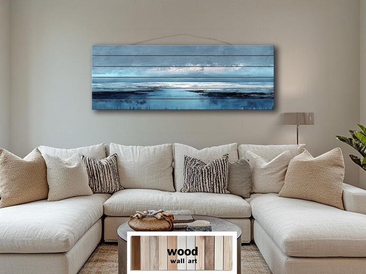 Blue Ocean Horizon Painting Distressed Wood Wall Art
