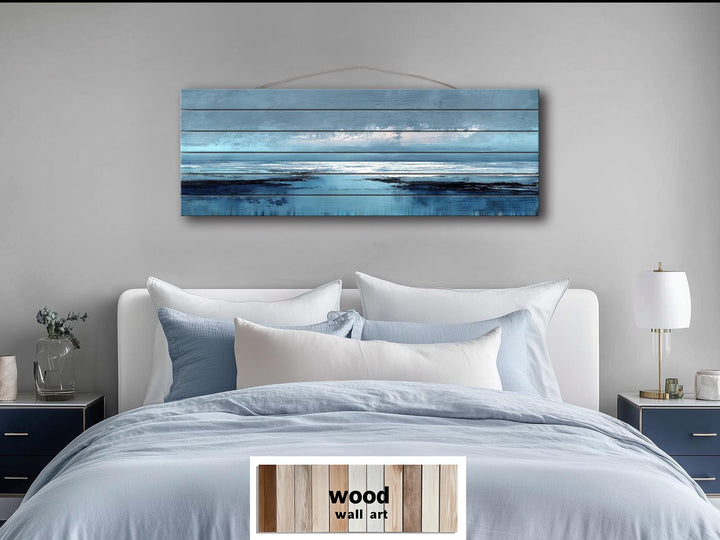 Blue Ocean Horizon Painting Distressed Wood Wall Art