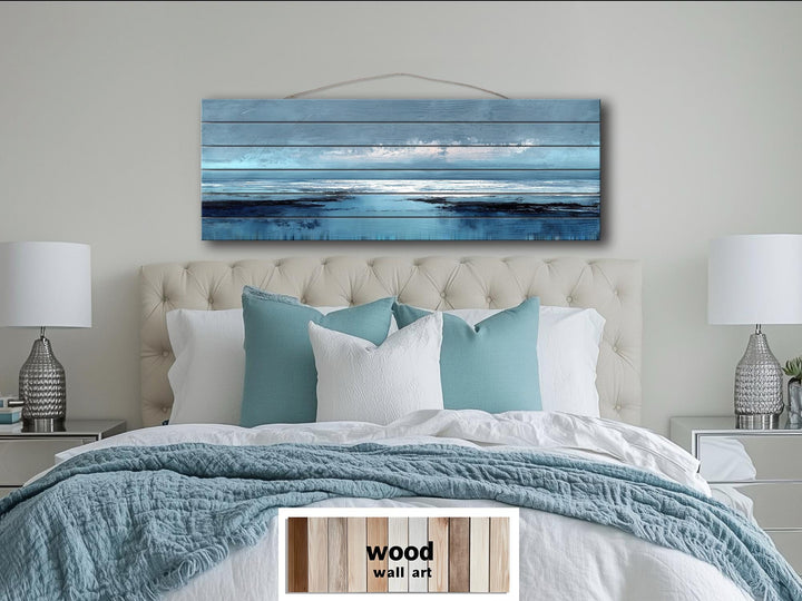 Blue Ocean Horizon Painting Distressed Wood Wall Art