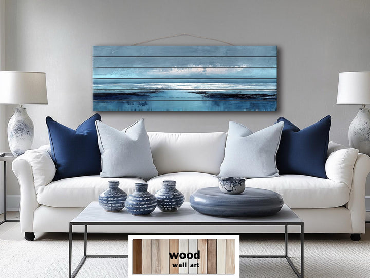 Blue Ocean Horizon Painting Distressed Wood Wall Art