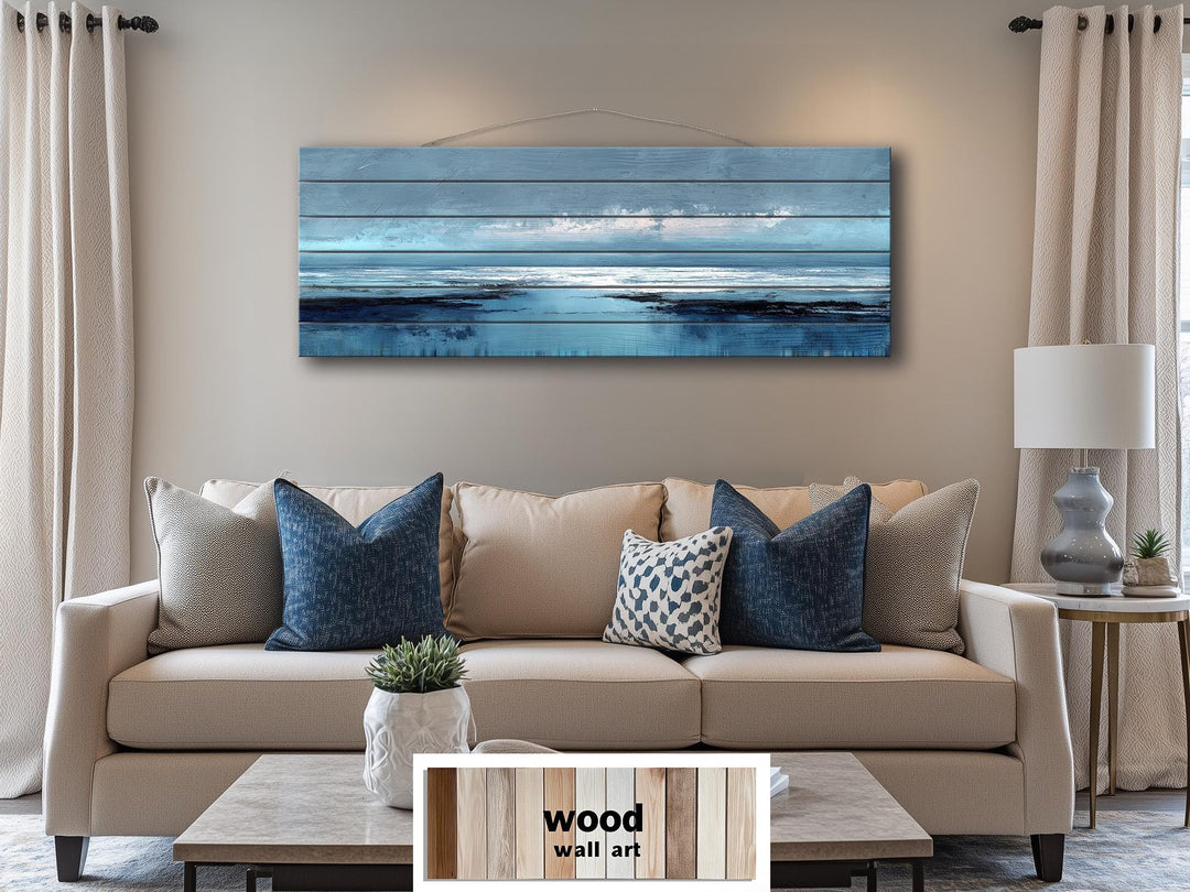 Blue Ocean Horizon Painting Distressed Wood Wall Art