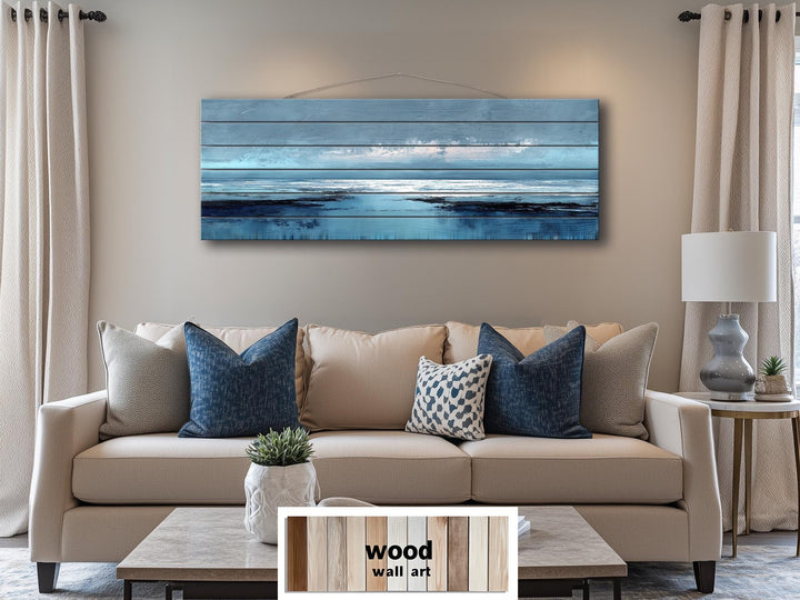 Blue Ocean Horizon Painting Distressed Wood Wall Art