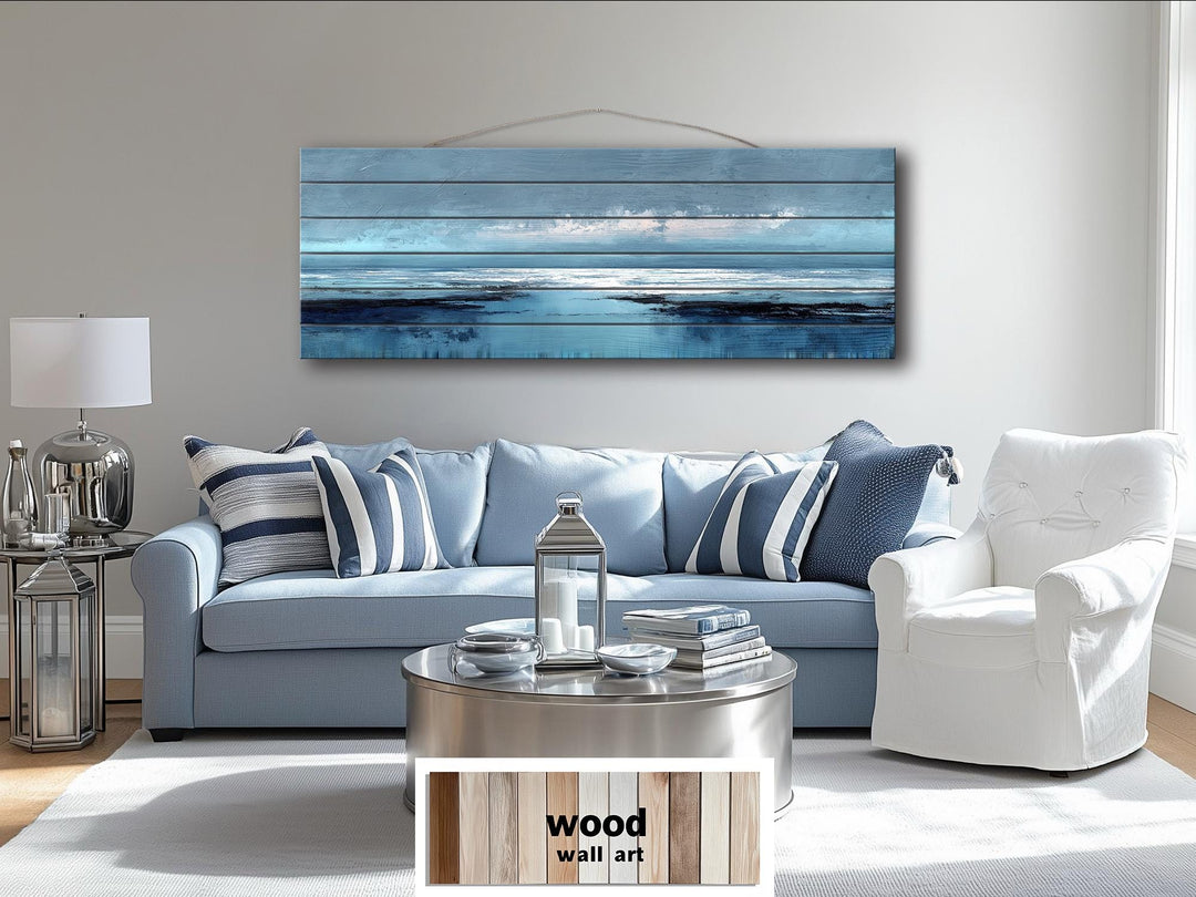 Blue Ocean Horizon Painting Distressed Wood Wall Art