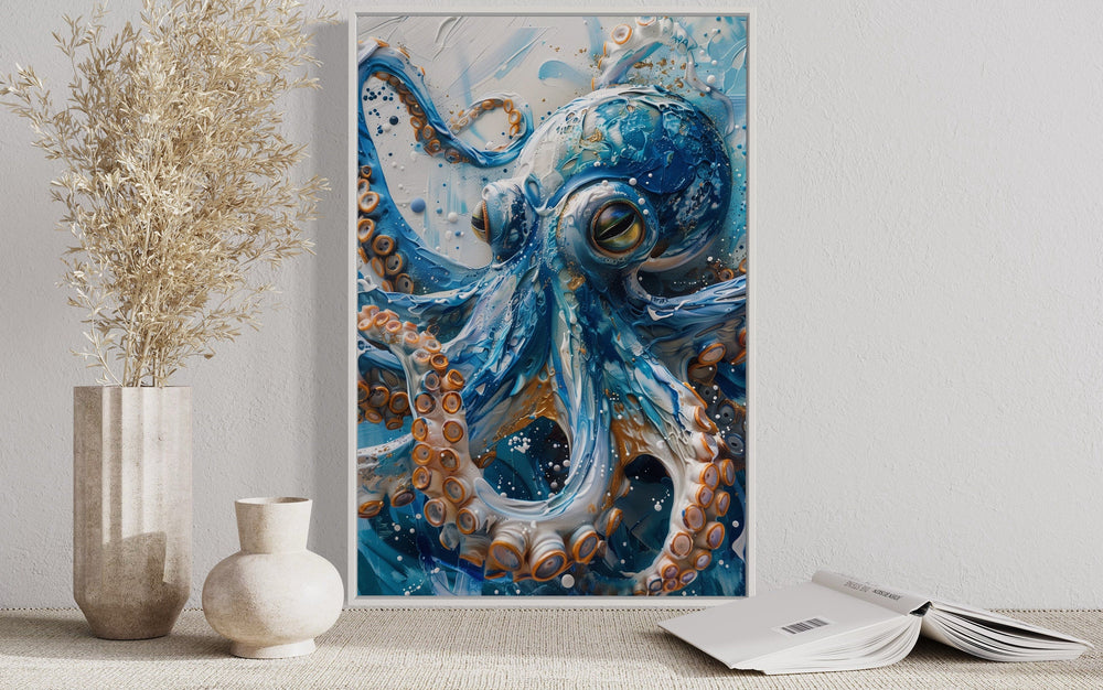 Framed canvas wall art of a textured blue octopus in a coastal interior setting.
