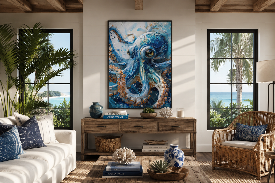 Blue octopus framed canvas wall art centered above a wooden console table in a coastal living room.
