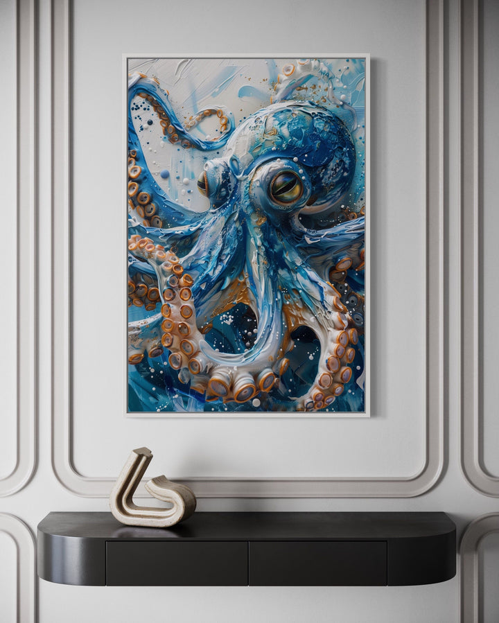 Blue octopus framed canvas wall art with textured paint.