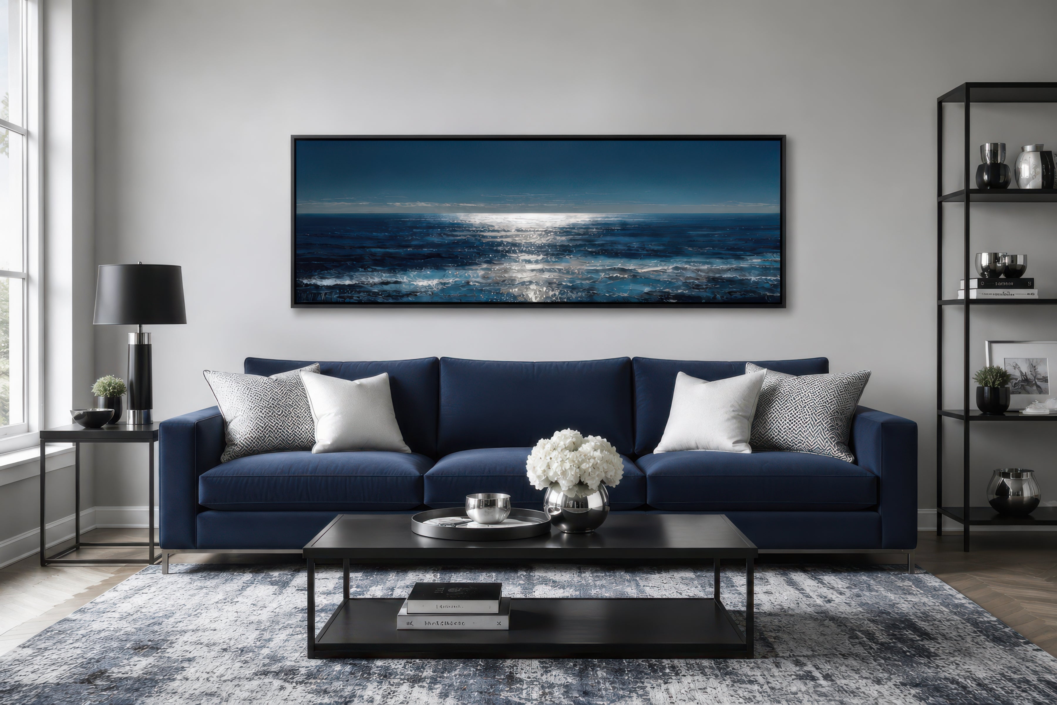 Blue Silver Ocean Horizon Wall Art | Modern Seascape Canvas – Wall
