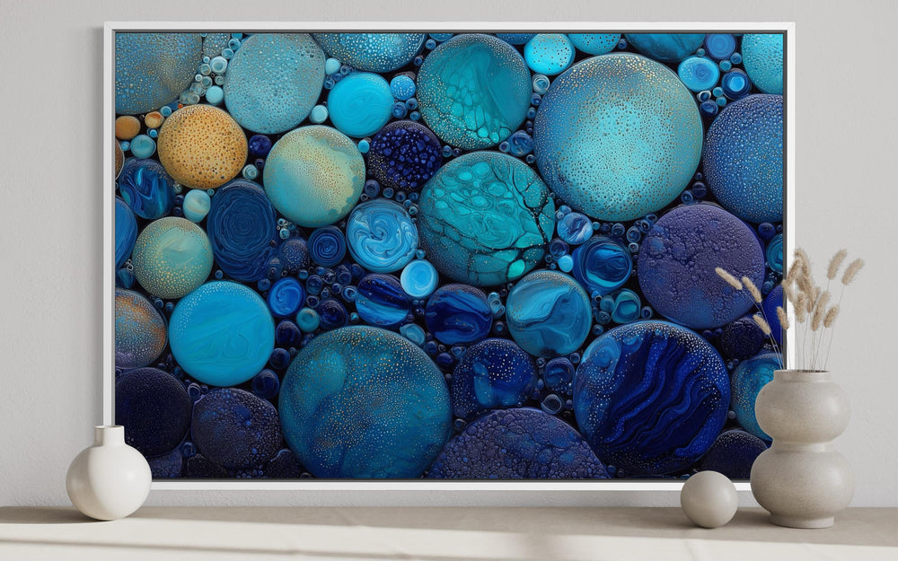 Blue Teal Rocks Abstract Coastal Bathroom Wall Art