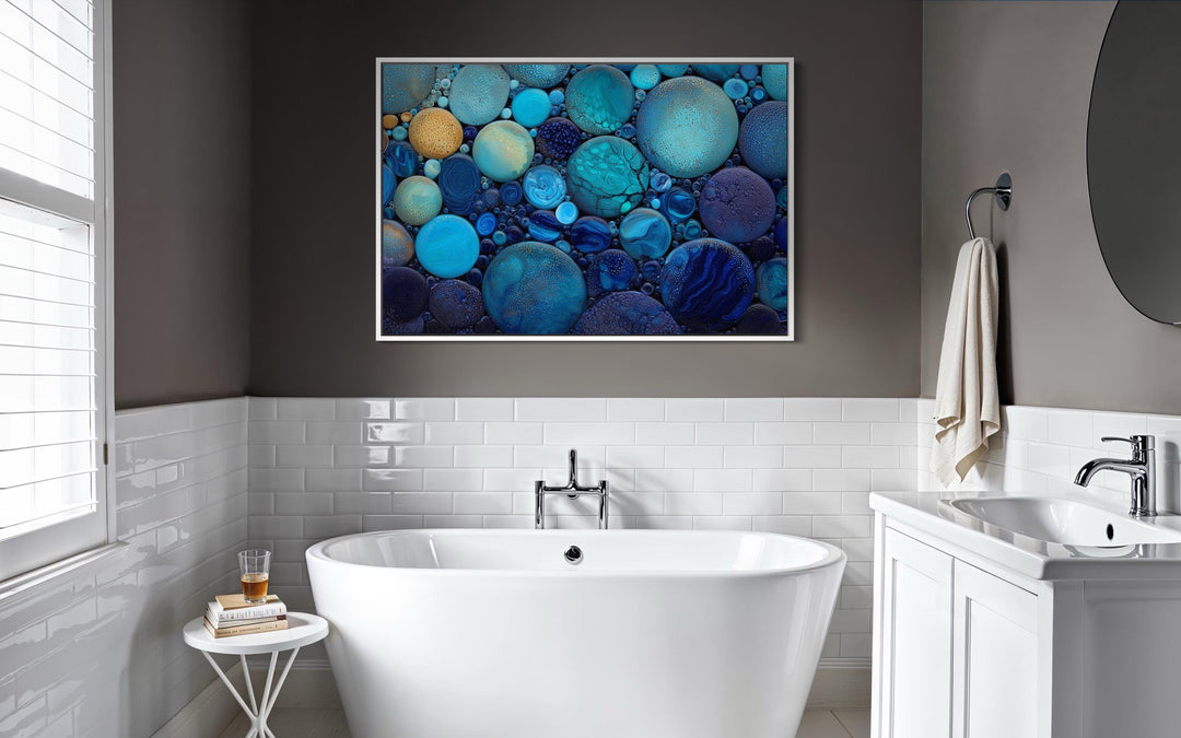 Blue Teal Rocks Abstract Coastal Bathroom Wall Art