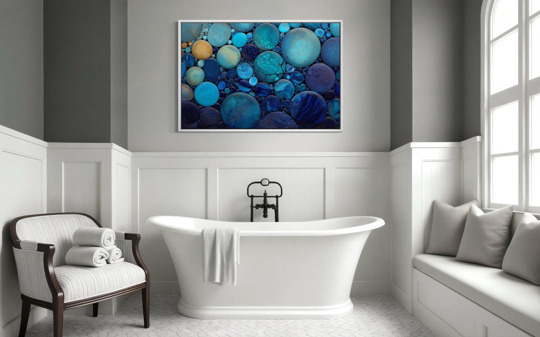 Blue Teal Rocks Abstract Coastal Bathroom Wall Art