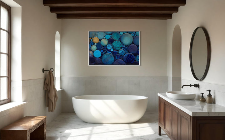 Blue Teal Rocks Abstract Coastal Bathroom Wall Art