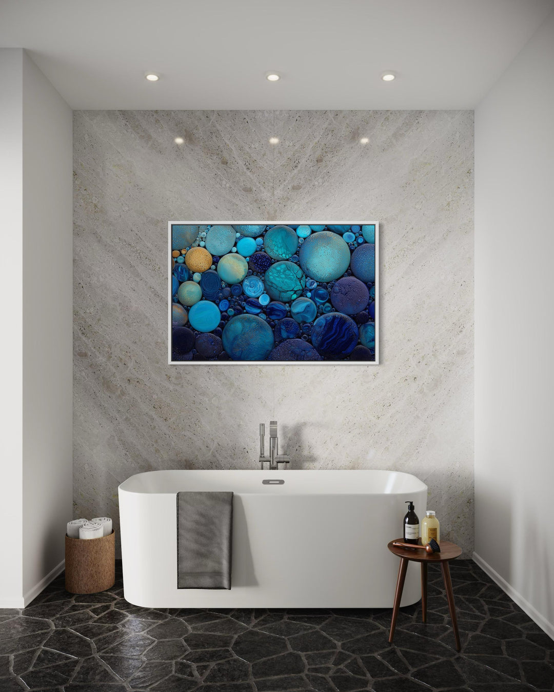 Blue Teal Rocks Abstract Coastal Bathroom Wall Art