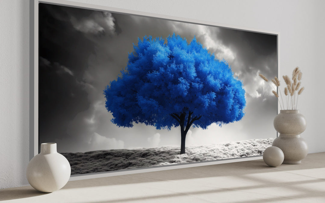 Blue Tree on Black White Background Framed Canvas Wall Art