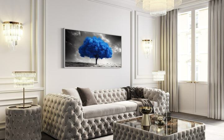 Blue Tree on Black White Background Framed Canvas Wall Art